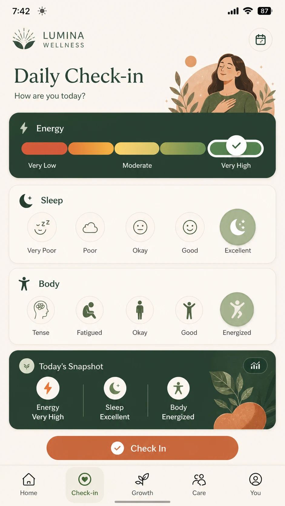 Màn hình Daily Check-in — Ghi nhận năng lượng