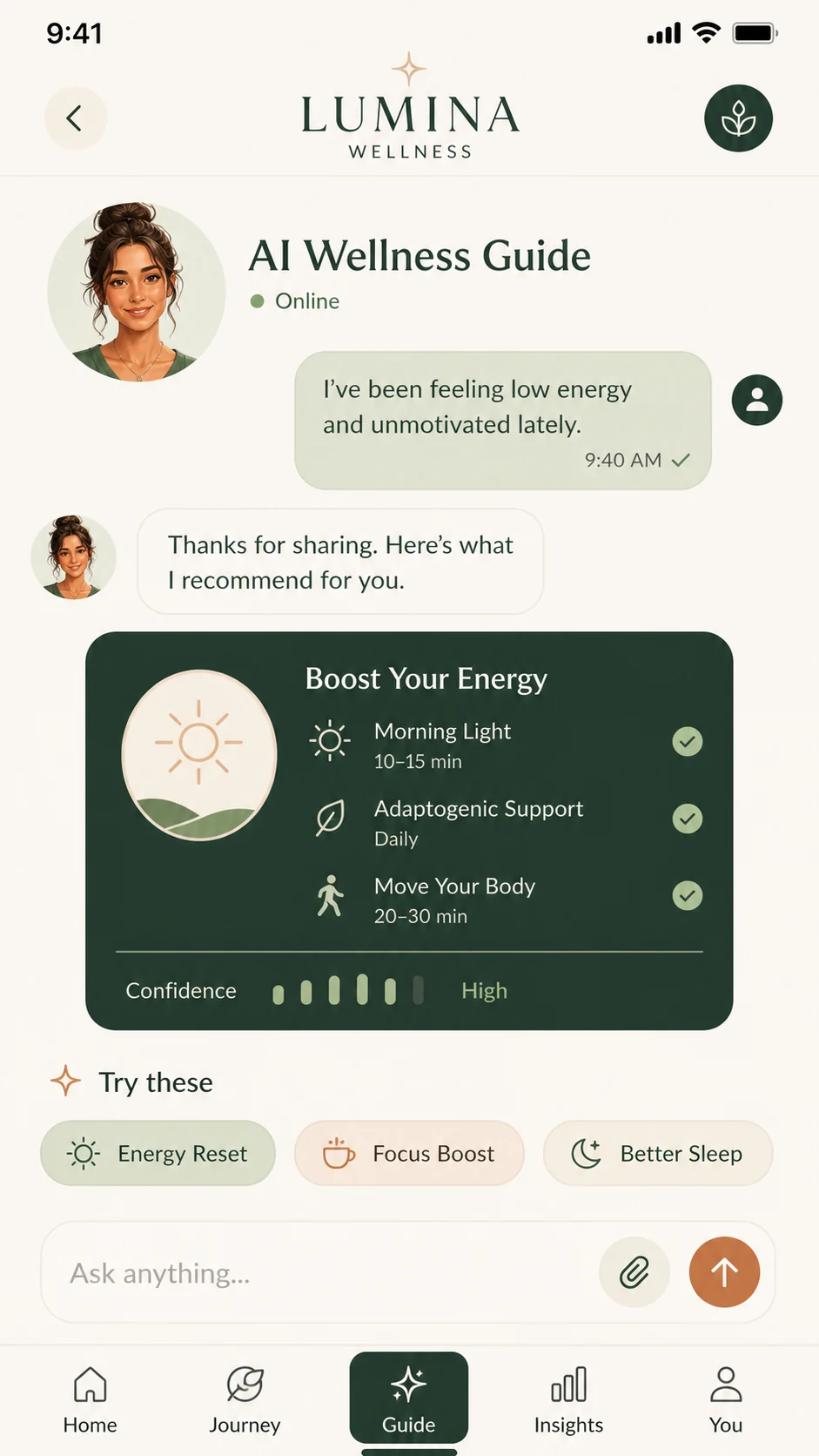 Màn hình AI Wellness Guide — Trợ lý wellness